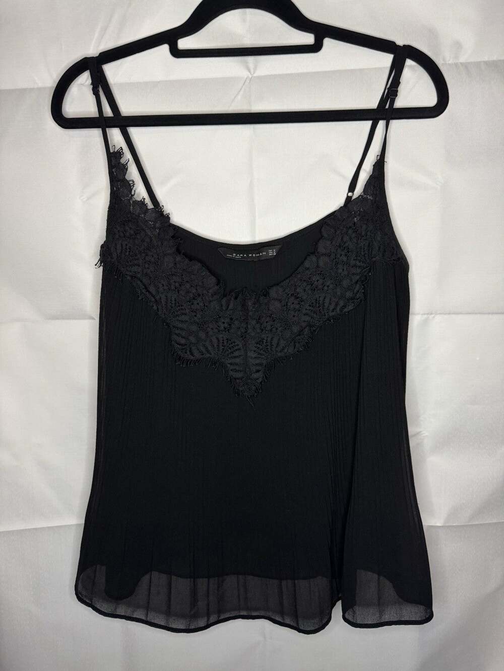ZARA WOMAN Black Lace Trim Pleated Cami Camisole Adjustable Straps Size M